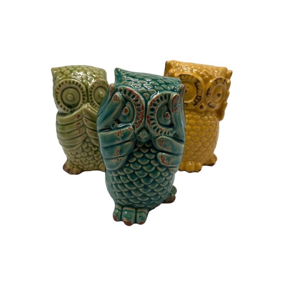 Rustic ceramic owls, Hear no Evil, see no evil, speak no evil